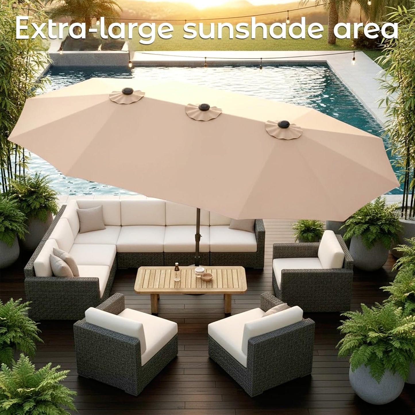 15Ft Patio Umbrella with Base, Double-Sided Rectangle Umbrella with Crank Handle