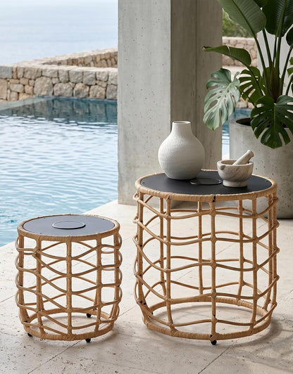 Boho Solar Outdoor Side Table with Built-In Lights Set of 2, All-Weather Wicker Nesting Tables, round Waterproof Accent End Table Design for Patio, Porch, Garden & Balcony, Natural Brown