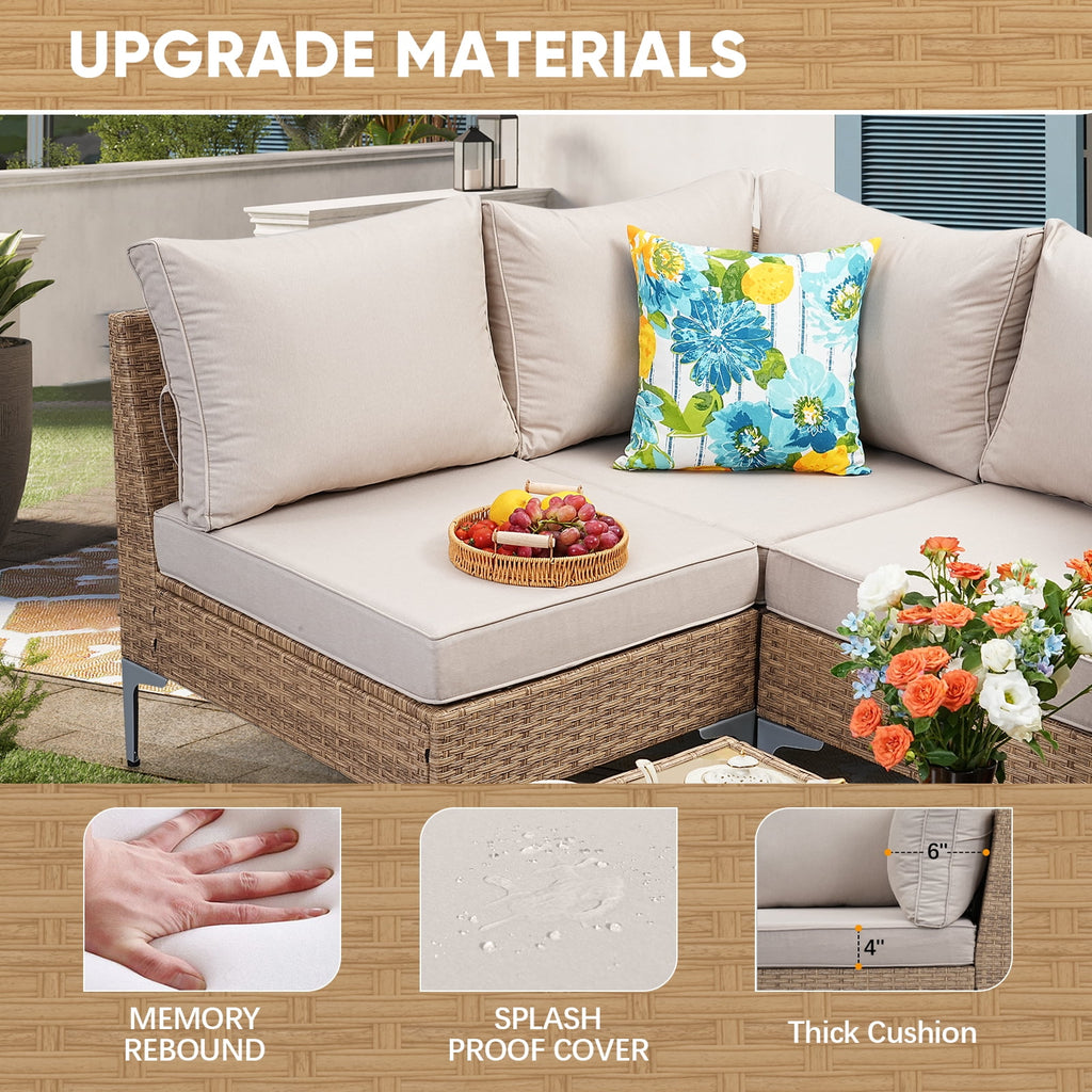 5 Piece Wicker Patio Furniture Set,Outdoor Conversation Sectional Sofa W/Coffee Table,All-Weather Outdoor Sofa with Thick and Anti-Slip Cushions for Deck,Poolside,Garden,Beige