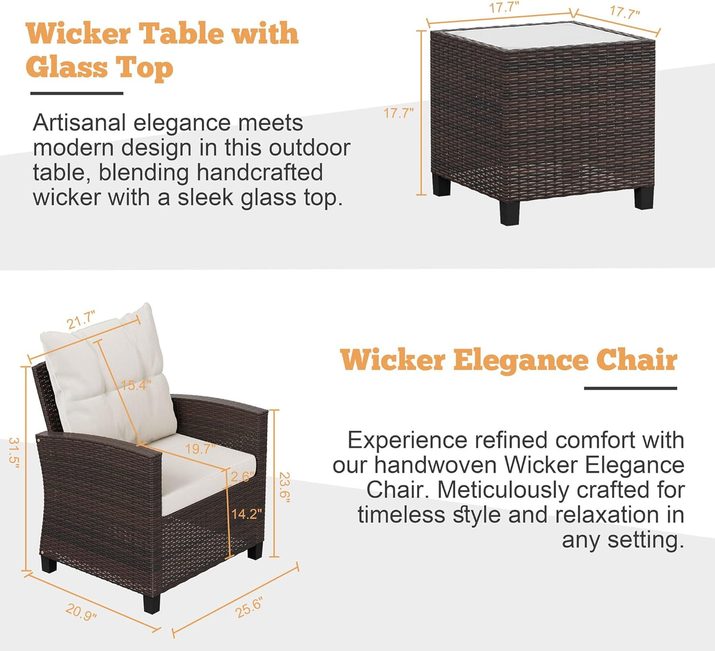 3 Pieces Patio Furniture Set, PE Rattan Wicker 3 Pcs Patio Set, Two Outdoor Chairs + Table