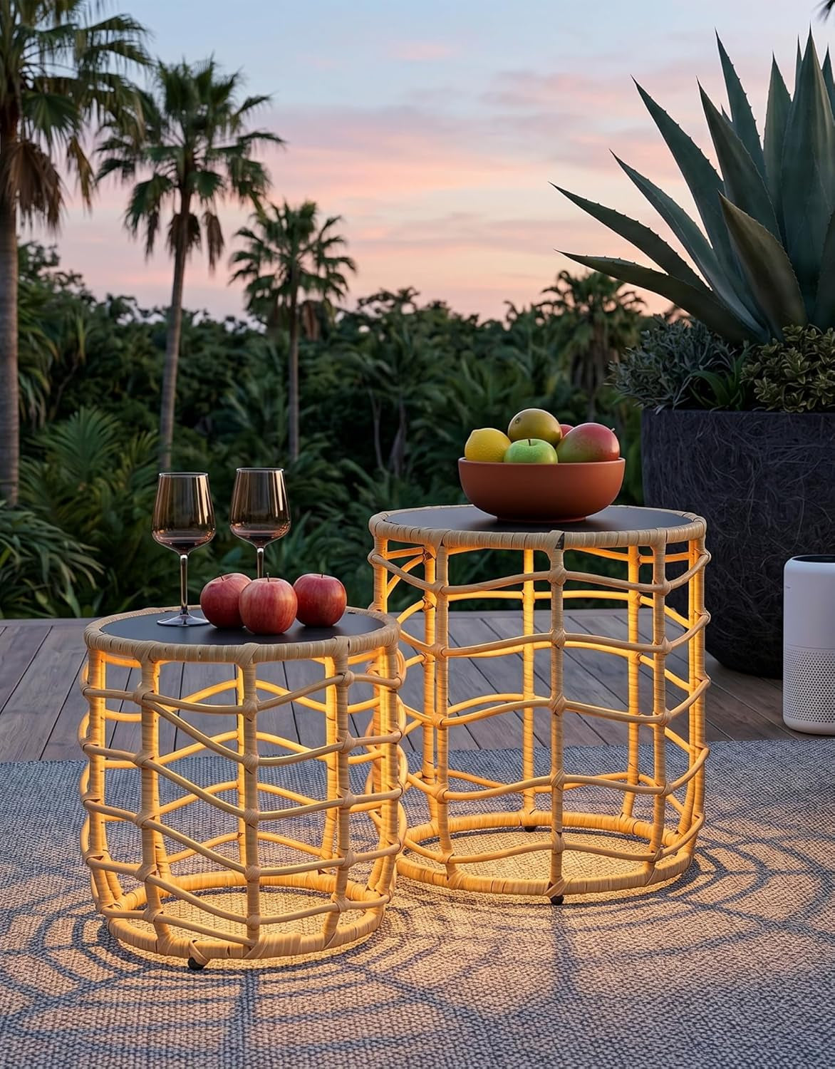 Boho Solar Outdoor Side Table with Built-In Lights Set of 2, All-Weather Wicker Nesting Tables, round Waterproof Accent End Table Design for Patio, Porch, Garden & Balcony, Natural Brown