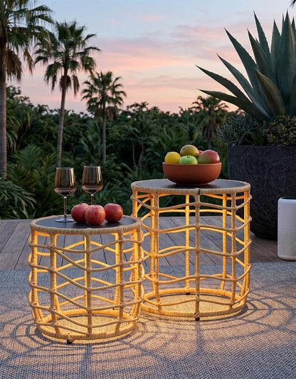 Boho Solar Outdoor Side Table with Built-In Lights Set of 2, All-Weather Wicker Nesting Tables, round Waterproof Accent End Table Design for Patio, Porch, Garden & Balcony, Natural Brown