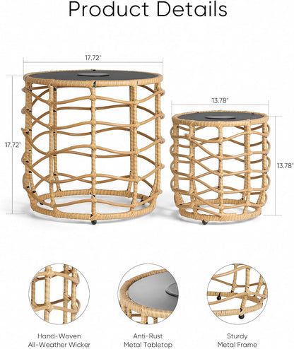 Boho Solar Outdoor Side Table with Built-In Lights Set of 2, All-Weather Wicker Nesting Tables, round Waterproof Accent End Table Design for Patio, Porch, Garden & Balcony, Natural Brown