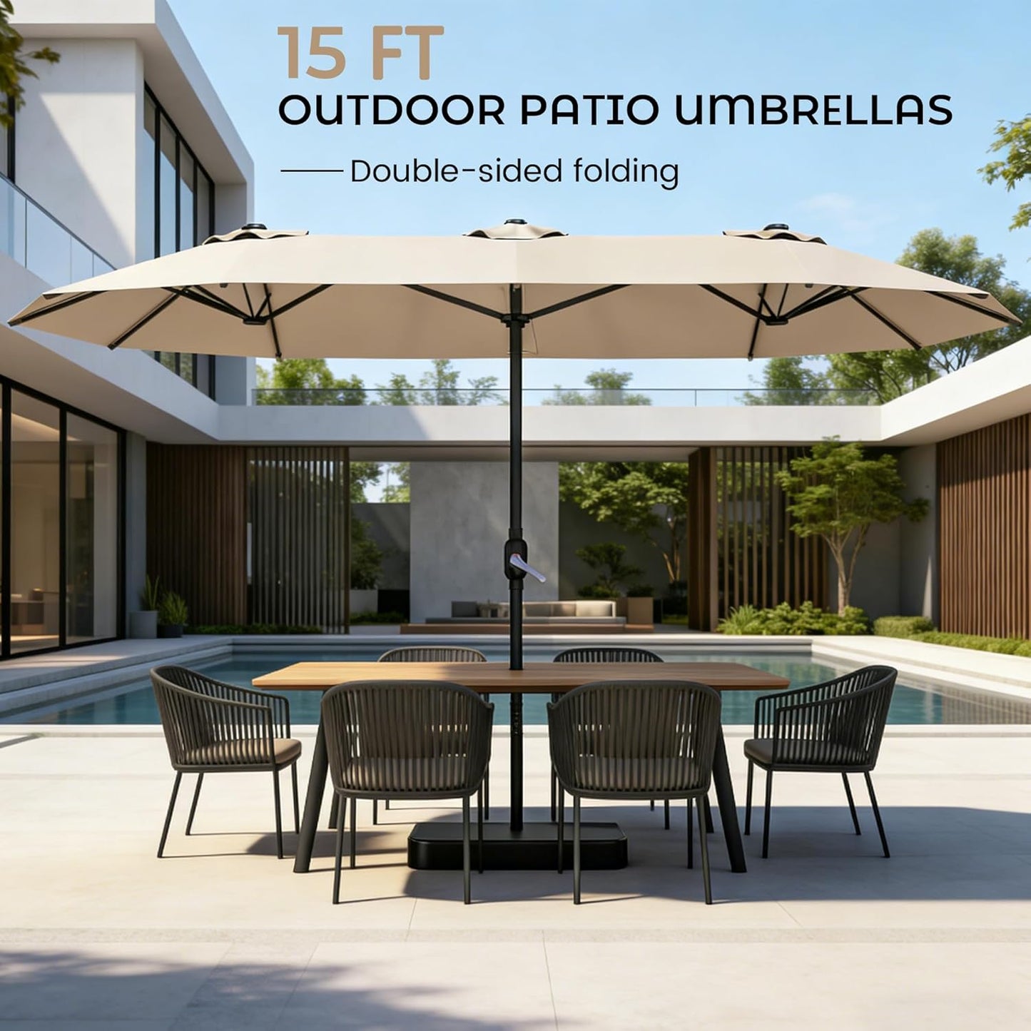 15Ft Patio Umbrella with Base, Double-Sided Rectangle Umbrella with Crank Handle