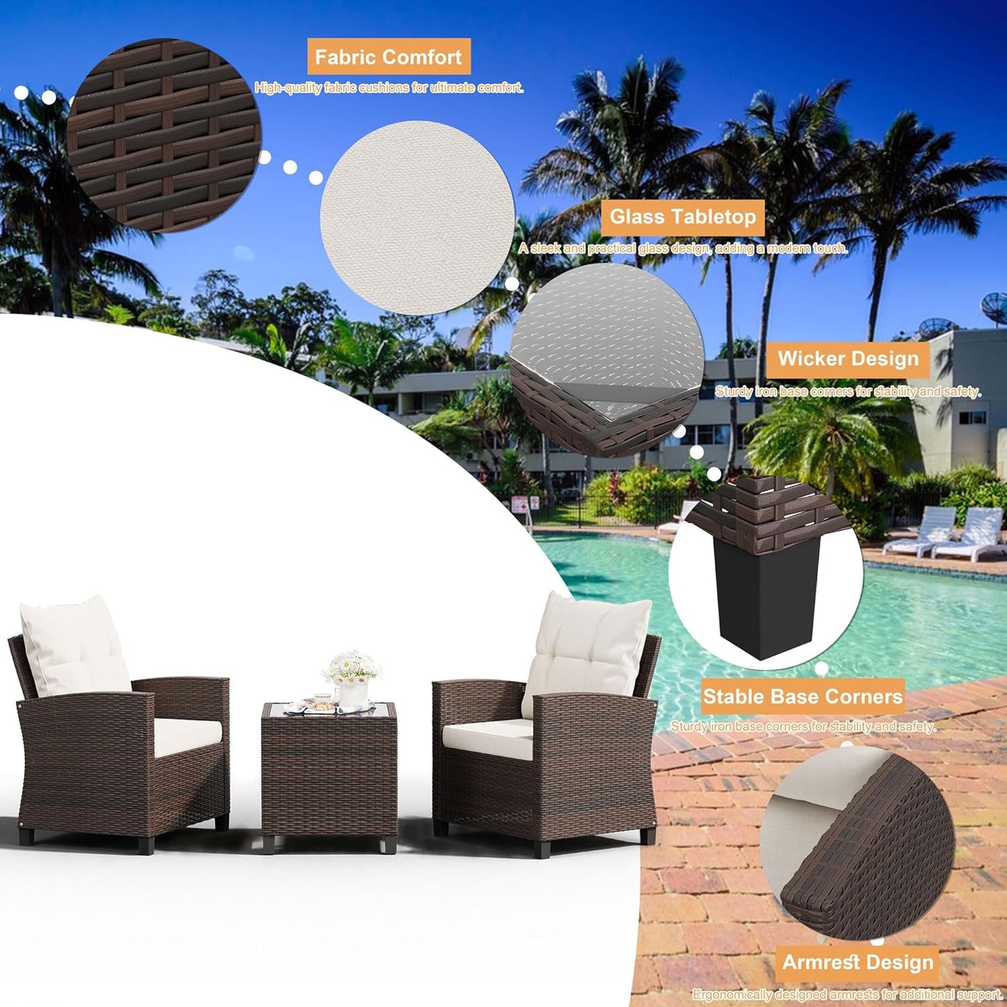 3 Pieces Patio Furniture Set, PE Rattan Wicker 3 Pcs Patio Set, Two Outdoor Chairs + Table