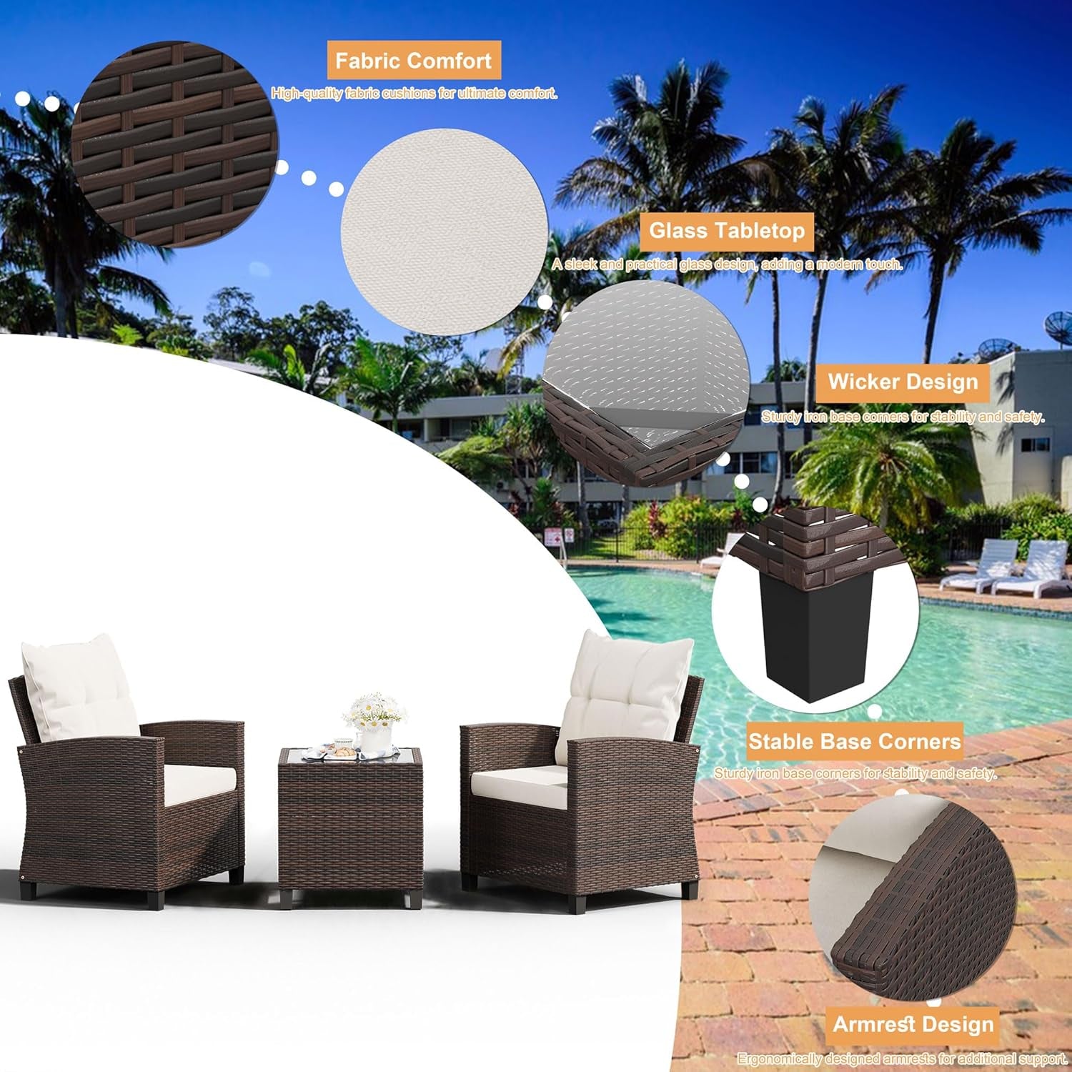 3 Pieces Patio Furniture Set, PE Rattan Wicker 3 Pcs Patio Set, Two Outdoor Chairs + Table