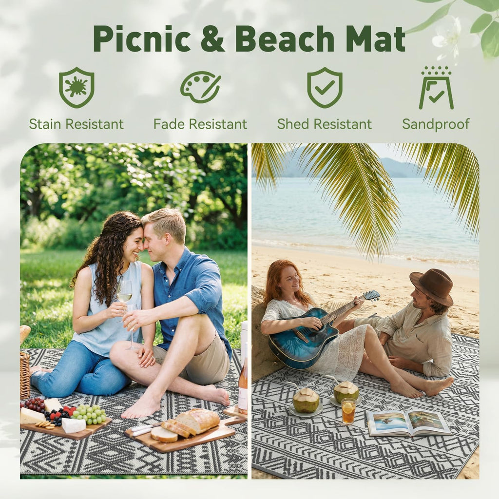Outdoor Rug Carpet Waterproof 5X8 Outdoor Patio Rug Mat Reverisble Plastic Straw Outdoor Rug for RV Camping Picnic Beach Balcony Boho Grey