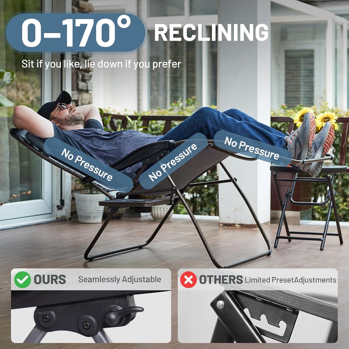 Oversized Zero Gravity Chair, 33In Wide XXL Zero Gravity Reclining Chair with Side Table, Full Padded Lounge Chair for Outdoor Camping Patio Lawn, Heavy Duty Supports 500Lbs, Grey-1 Pack