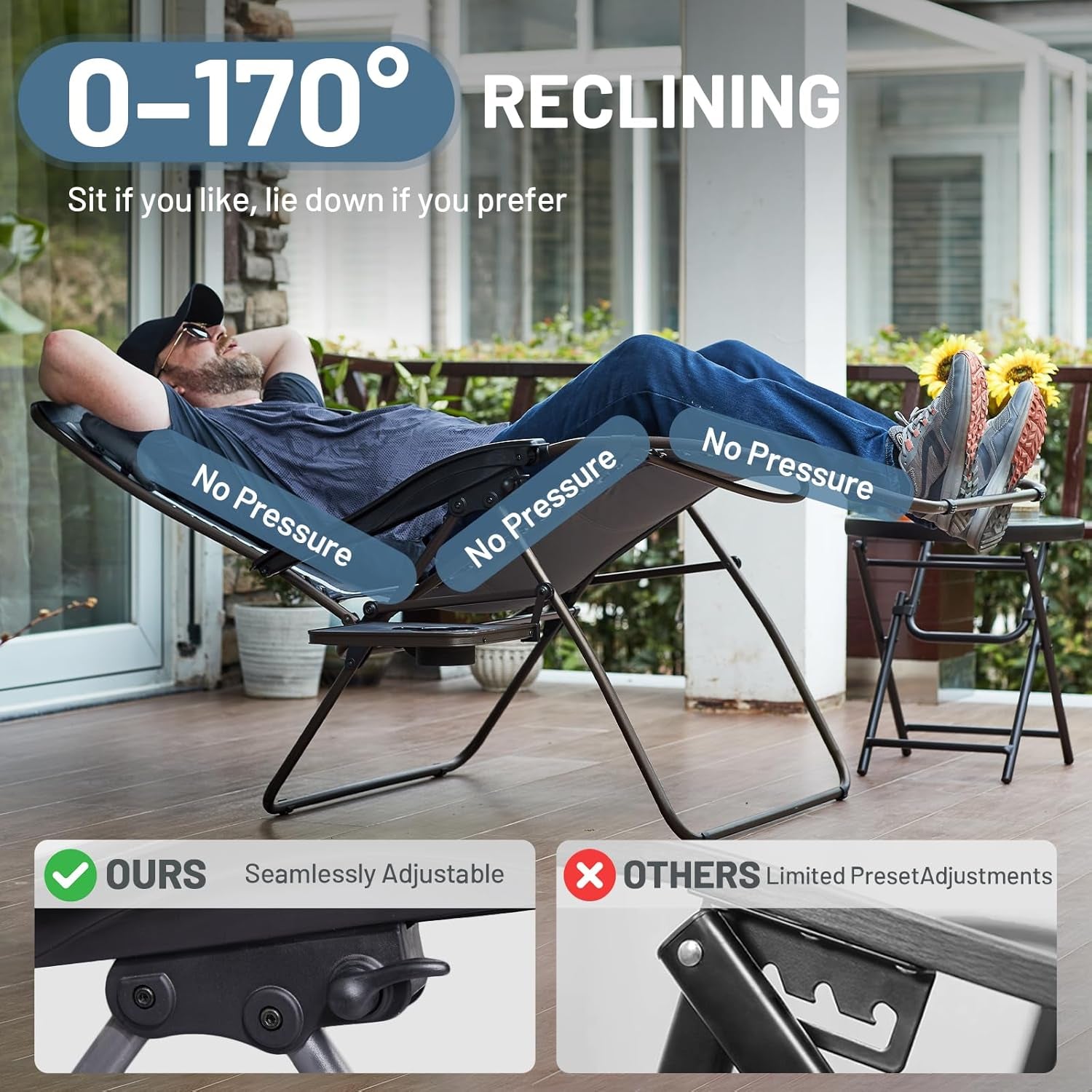 Oversized Zero Gravity Chair, 33In Wide XXL Zero Gravity Reclining Chair with Side Table, Full Padded Lounge Chair for Outdoor Camping Patio Lawn, Heavy Duty Supports 500Lbs, Grey-1 Pack