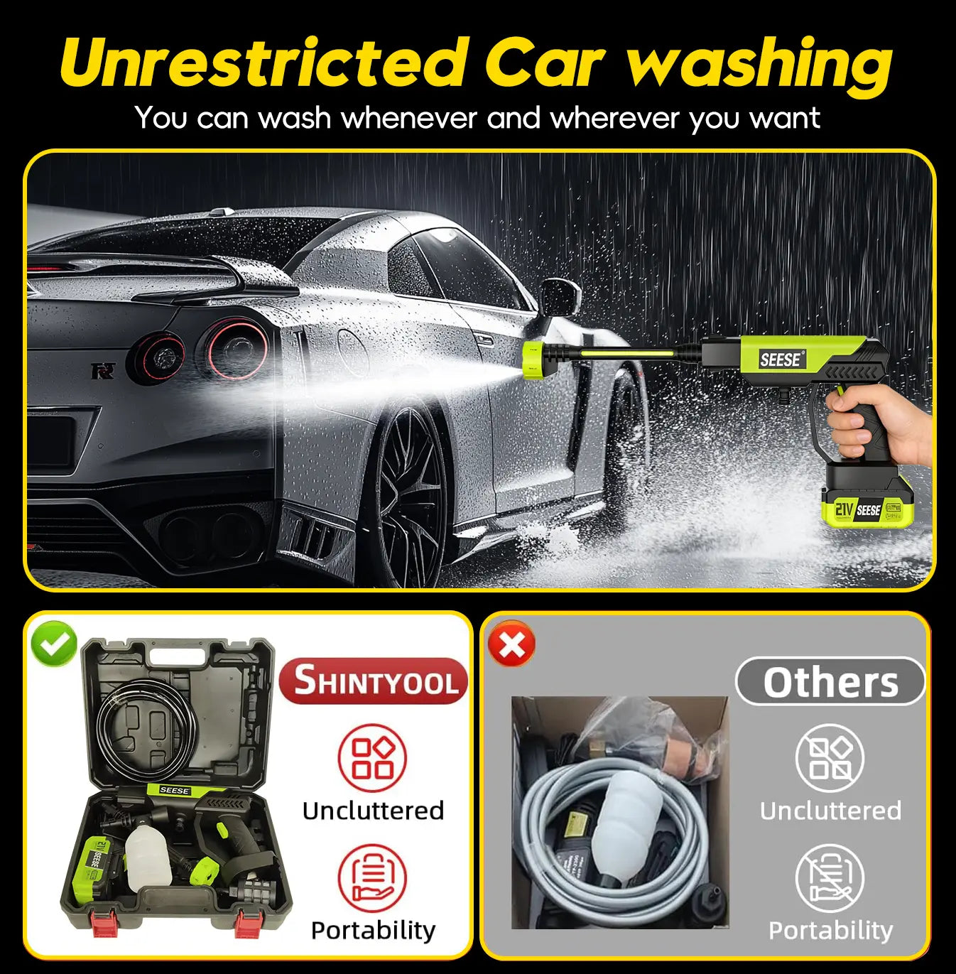 Seese Cordless Pressure Washer and Single Port Charger Base, Bottle Portable Washer - 500 PSI