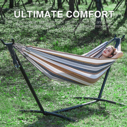 Double Hammocks with Stand for Outside, Portable Heavy-Duty Steel Frame | 2 Person 450 Lbs Capacity