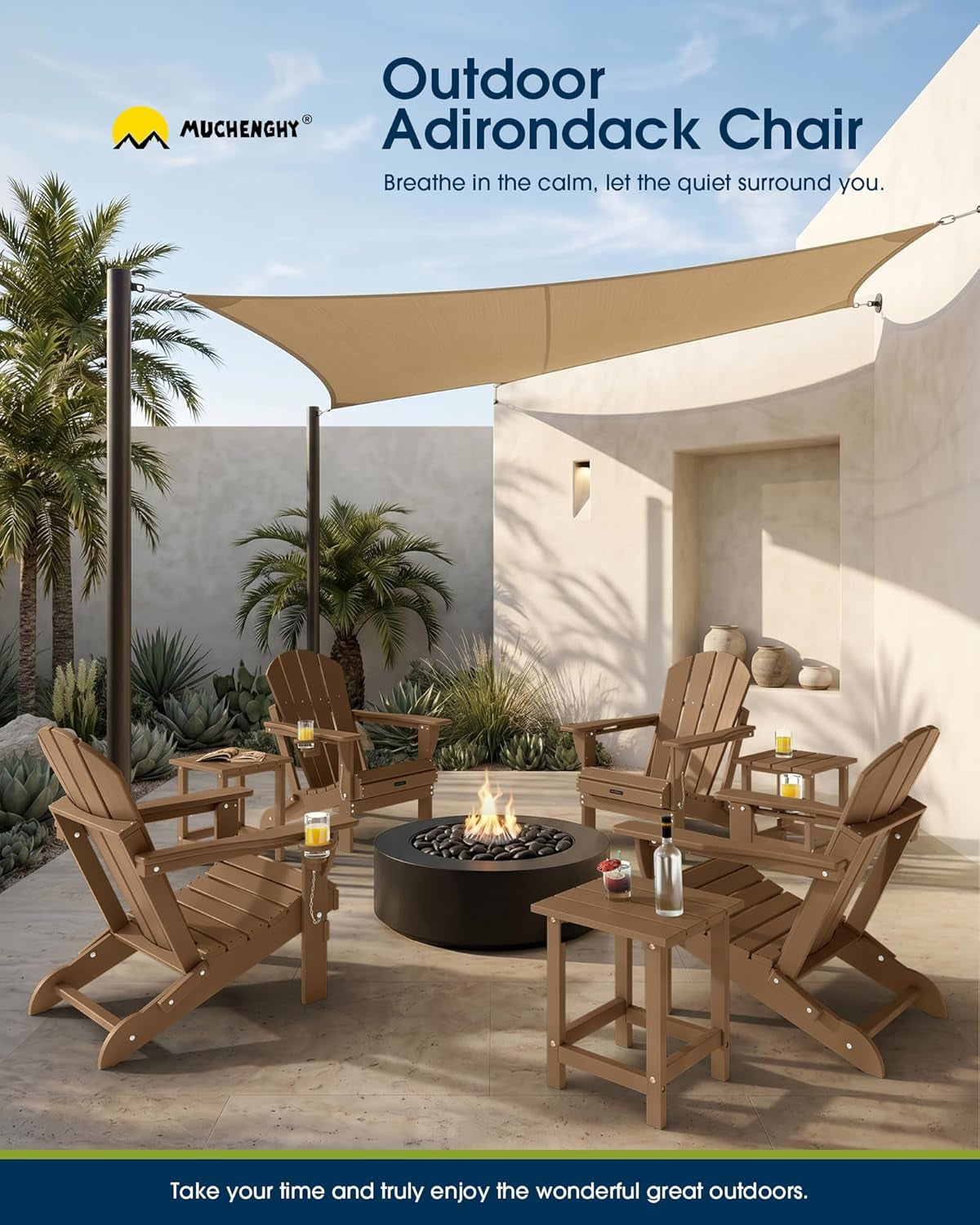 Folding Adirondack Chairs, Patio Chairs, Lawn Chairs, Outdoor Chair, Adirondack Chair Plastic, Fire Pit Chairs, Weather Resistant with Cup Holder for Deck, Backyard, Garden(Teak)
