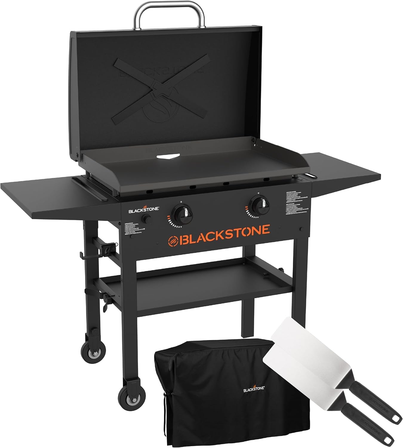 Blackstone 2450AZ 28" Omnivore Griddle with Hood Bundle | Includes 28" Griddle with Hood, Soft Cover, and Two Spatulas, Two Burner, Propane