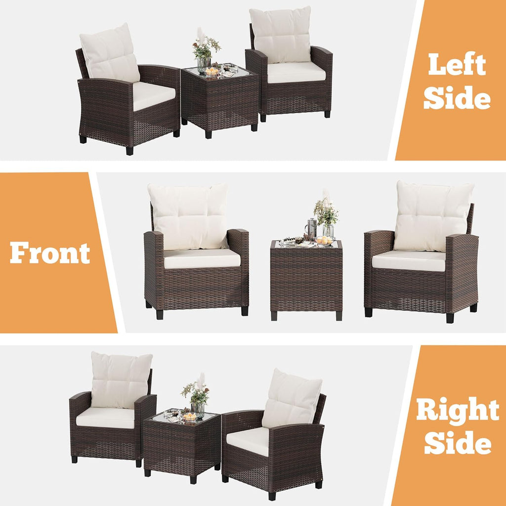 3 Pieces Patio Furniture Set, PE Rattan Wicker 3 Pcs Patio Set, Two Outdoor Chairs + Table
