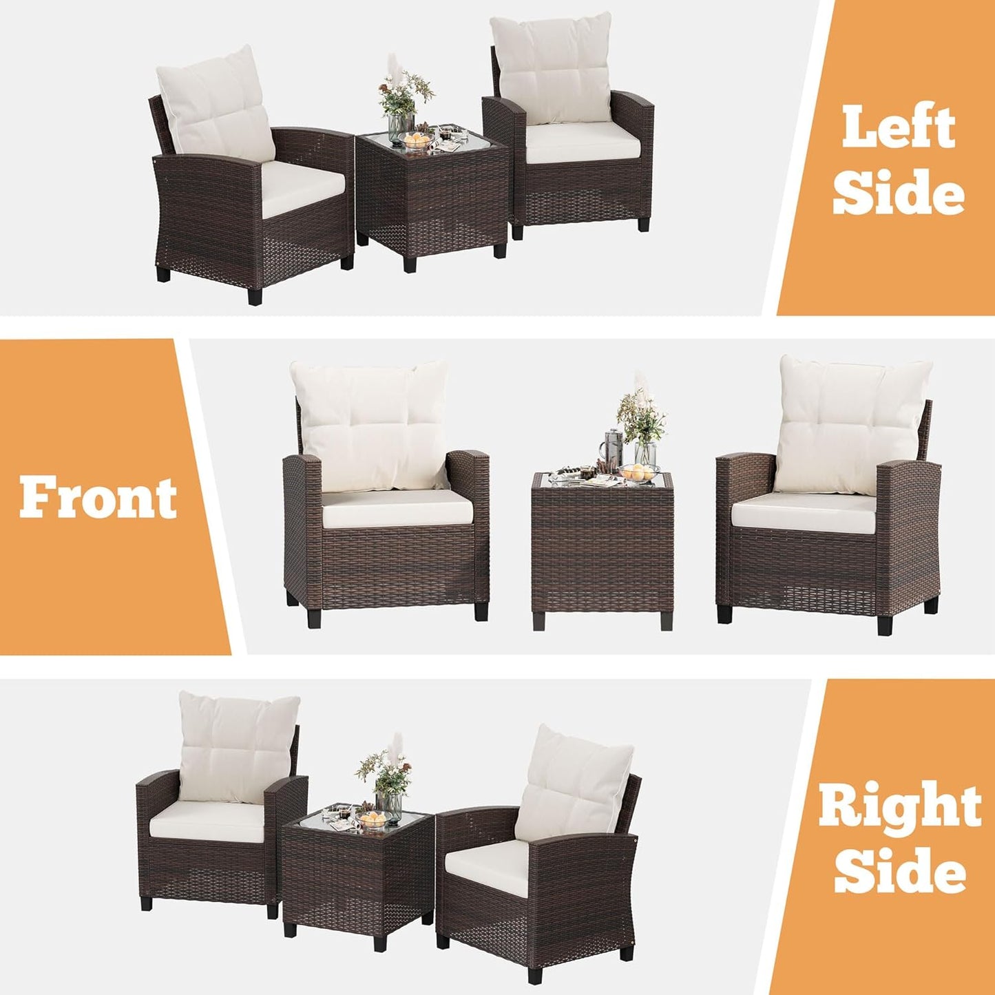 3 Pieces Patio Furniture Set, PE Rattan Wicker 3 Pcs Patio Set, Two Outdoor Chairs + Table