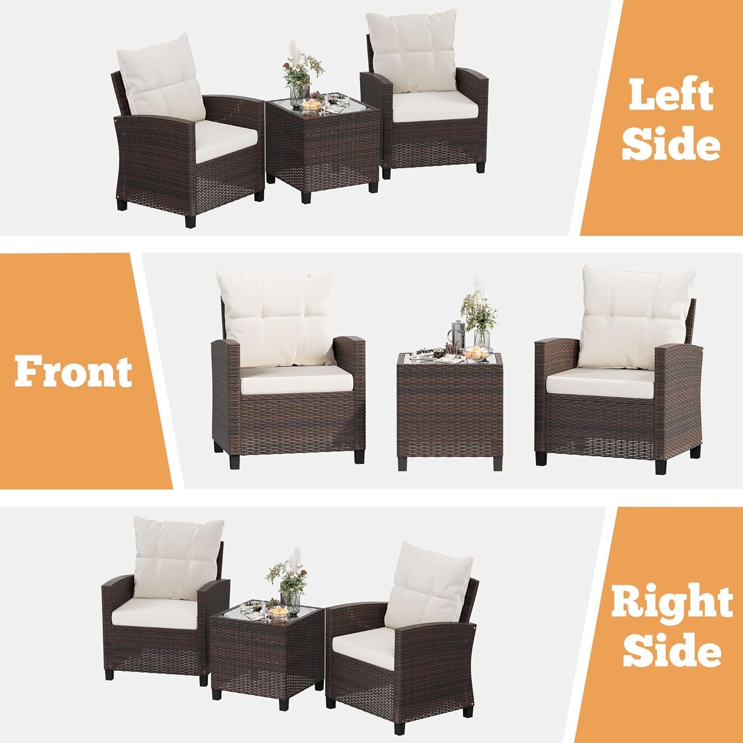 3 Pieces Patio Furniture Set, PE Rattan Wicker 3 Pcs Patio Set, Two Outdoor Chairs + Table