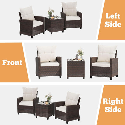 3 Pieces Patio Furniture Set, PE Rattan Wicker 3 Pcs Patio Set, Two Outdoor Chairs + Table