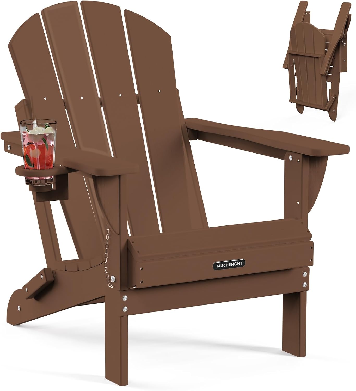 Folding Adirondack Chairs, Patio Chairs, Lawn Chairs, Outdoor Chair, Adirondack Chair Plastic, Fire Pit Chairs, Weather Resistant with Cup Holder for Deck, Backyard, Garden(Teak)