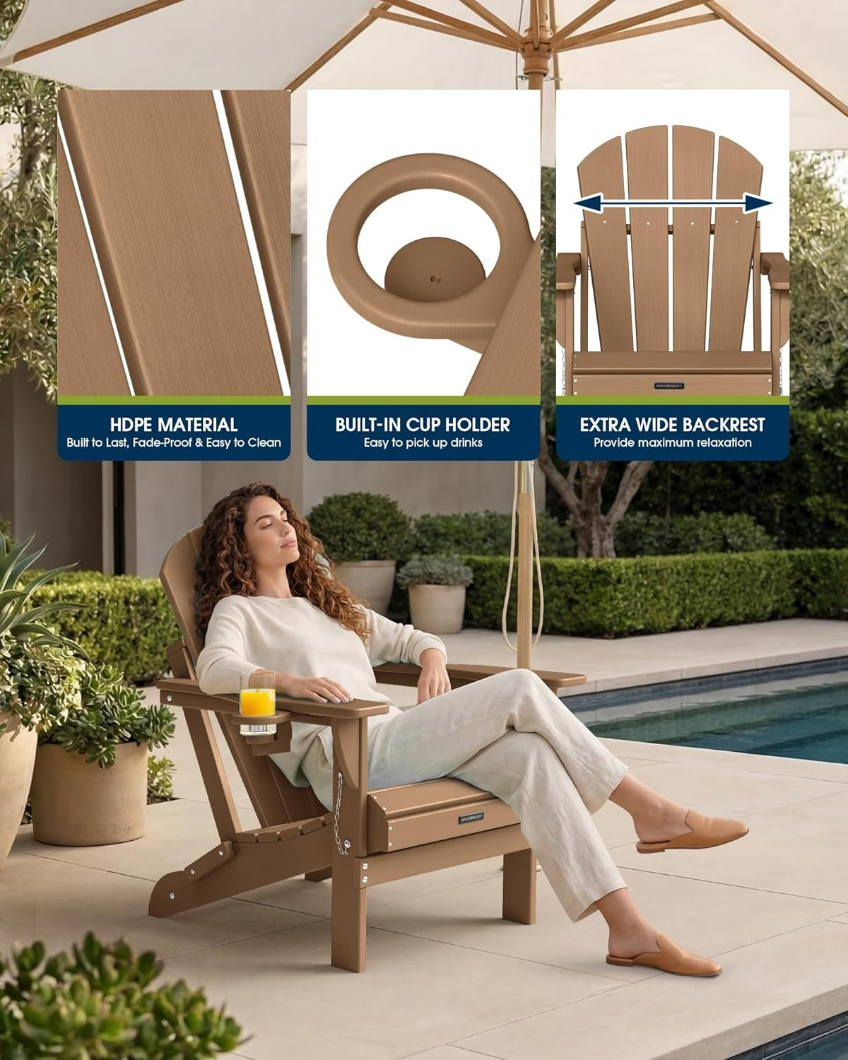 Folding Adirondack Chairs, Patio Chairs, Lawn Chairs, Outdoor Chair, Adirondack Chair Plastic, Fire Pit Chairs, Weather Resistant with Cup Holder for Deck, Backyard, Garden(Teak)