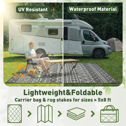 Outdoor Rug Carpet Waterproof 5X8 Outdoor Patio Rug Mat Reverisble Plastic Straw Outdoor Rug for RV Camping Picnic Beach Balcony Boho Grey
