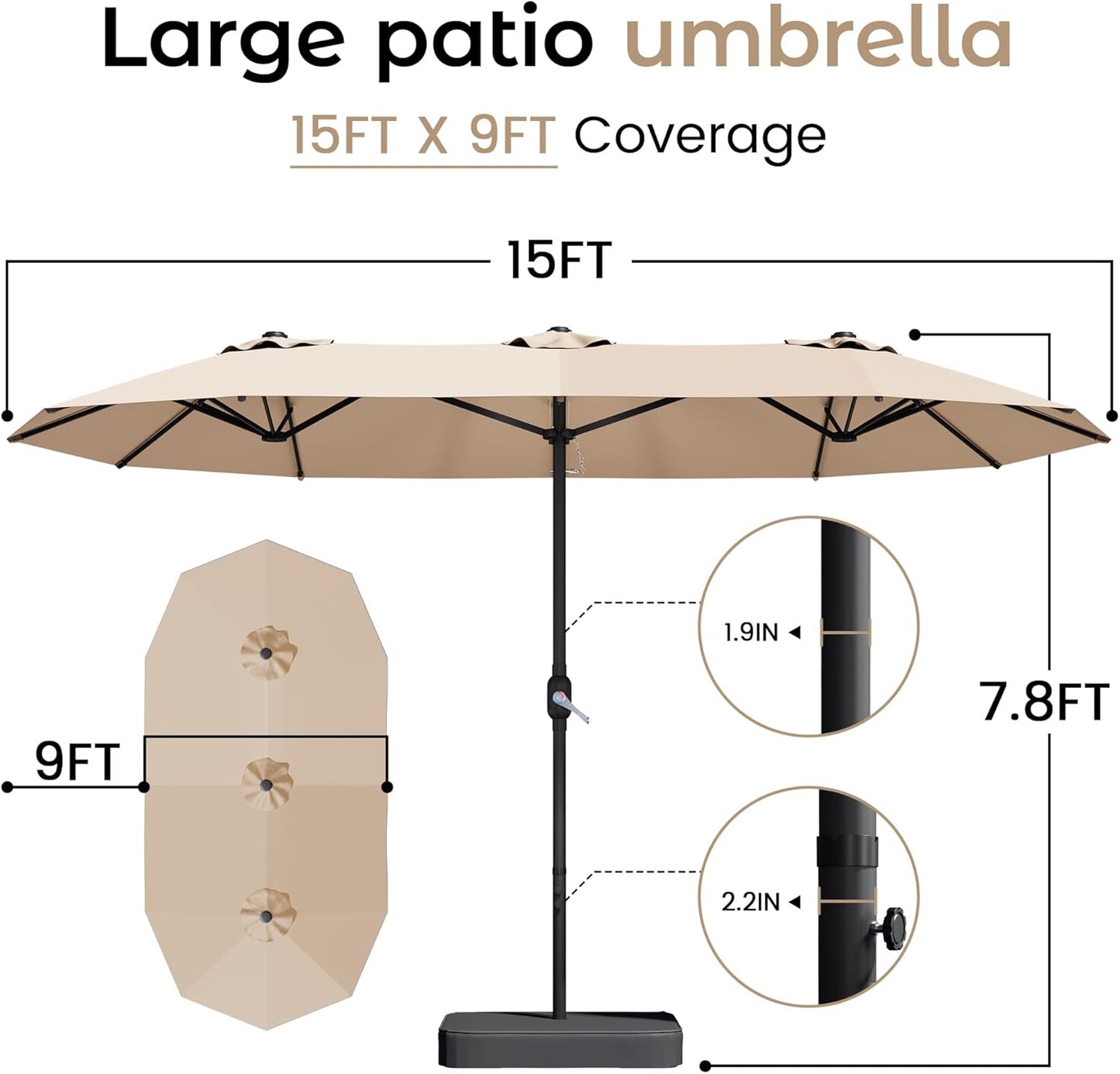 15Ft Patio Umbrella with Base, Double-Sided Rectangle Umbrella with Crank Handle