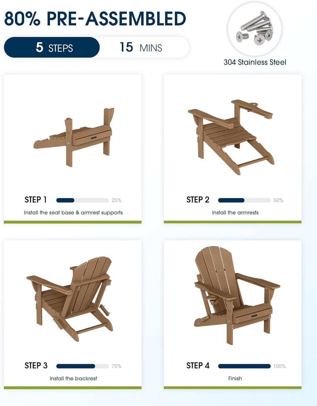 Folding Adirondack Chairs, Patio Chairs, Lawn Chairs, Outdoor Chair, Adirondack Chair Plastic, Fire Pit Chairs, Weather Resistant with Cup Holder for Deck, Backyard, Garden(Teak)