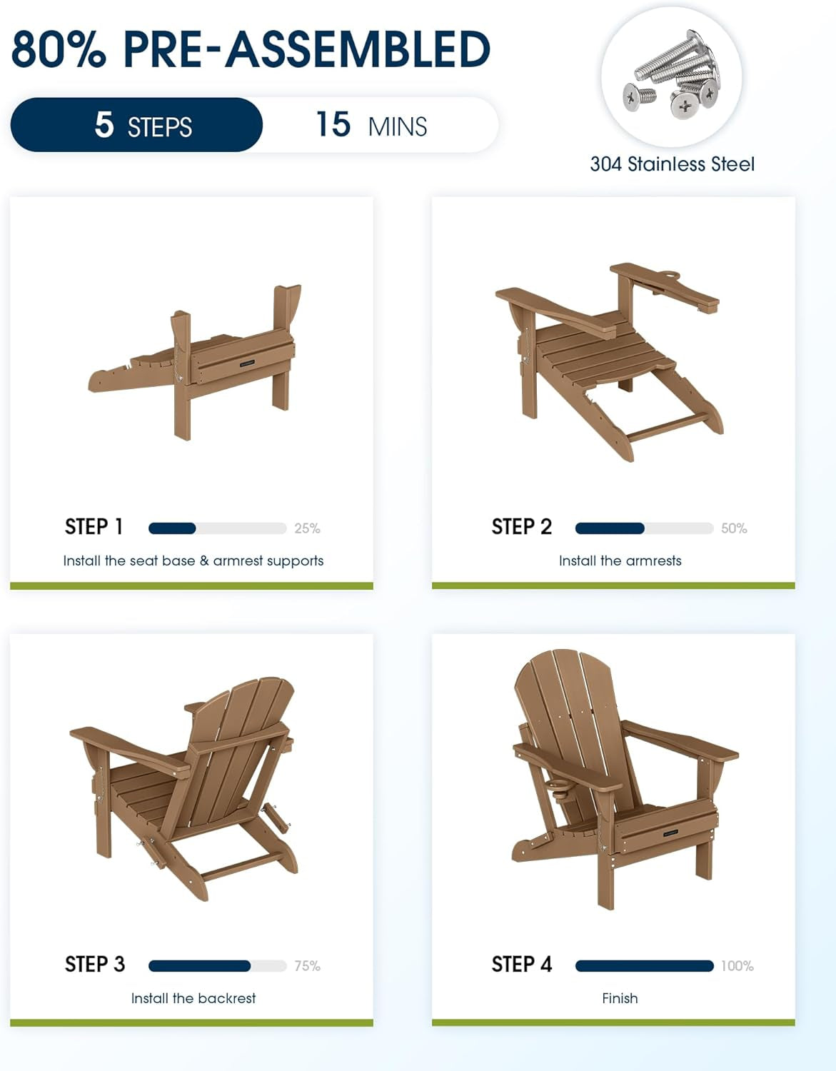 Folding Adirondack Chairs, Patio Chairs, Lawn Chairs, Outdoor Chair, Adirondack Chair Plastic, Fire Pit Chairs, Weather Resistant with Cup Holder for Deck, Backyard, Garden(Teak)