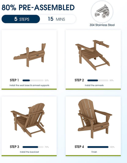 Folding Adirondack Chairs, Patio Chairs, Lawn Chairs, Outdoor Chair, Adirondack Chair Plastic, Fire Pit Chairs, Weather Resistant with Cup Holder for Deck, Backyard, Garden(Teak)
