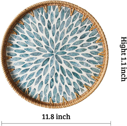 Round Rattan Tray with Mother of Pearl Inlay, Wooden Base | Coffee Table Serving Tray, Home Decorative Wicker Woven, for Outoor Patio Decor