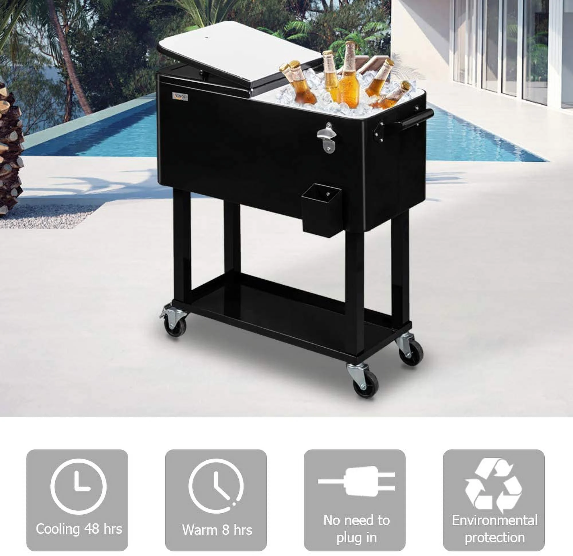 80-Quart Rolling Cooler Cart — Patio Bar with Shelf & Bottle Opener