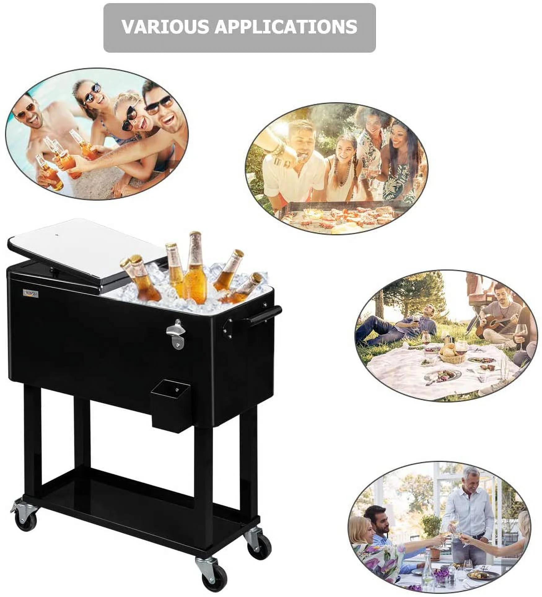 80-Quart Rolling Cooler Cart — Patio Bar with Shelf & Bottle Opener