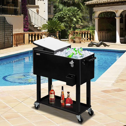 80-Quart Rolling Cooler Cart — Patio Bar with Shelf & Bottle Opener