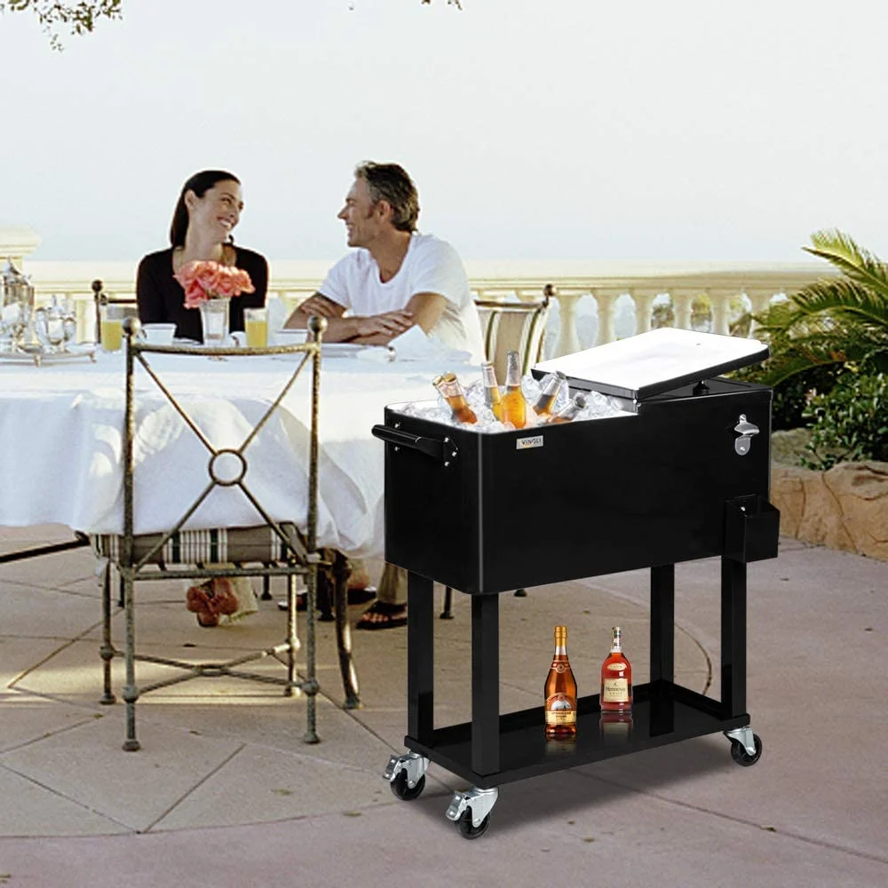 80-Quart Rolling Cooler Cart — Patio Bar with Shelf & Bottle Opener
