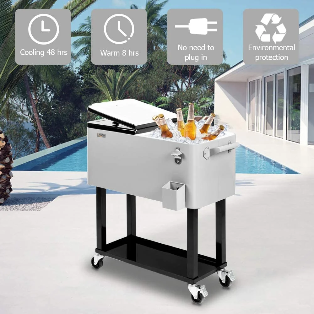 80-Quart Rolling Cooler Cart — Patio Bar with Shelf & Bottle Opener