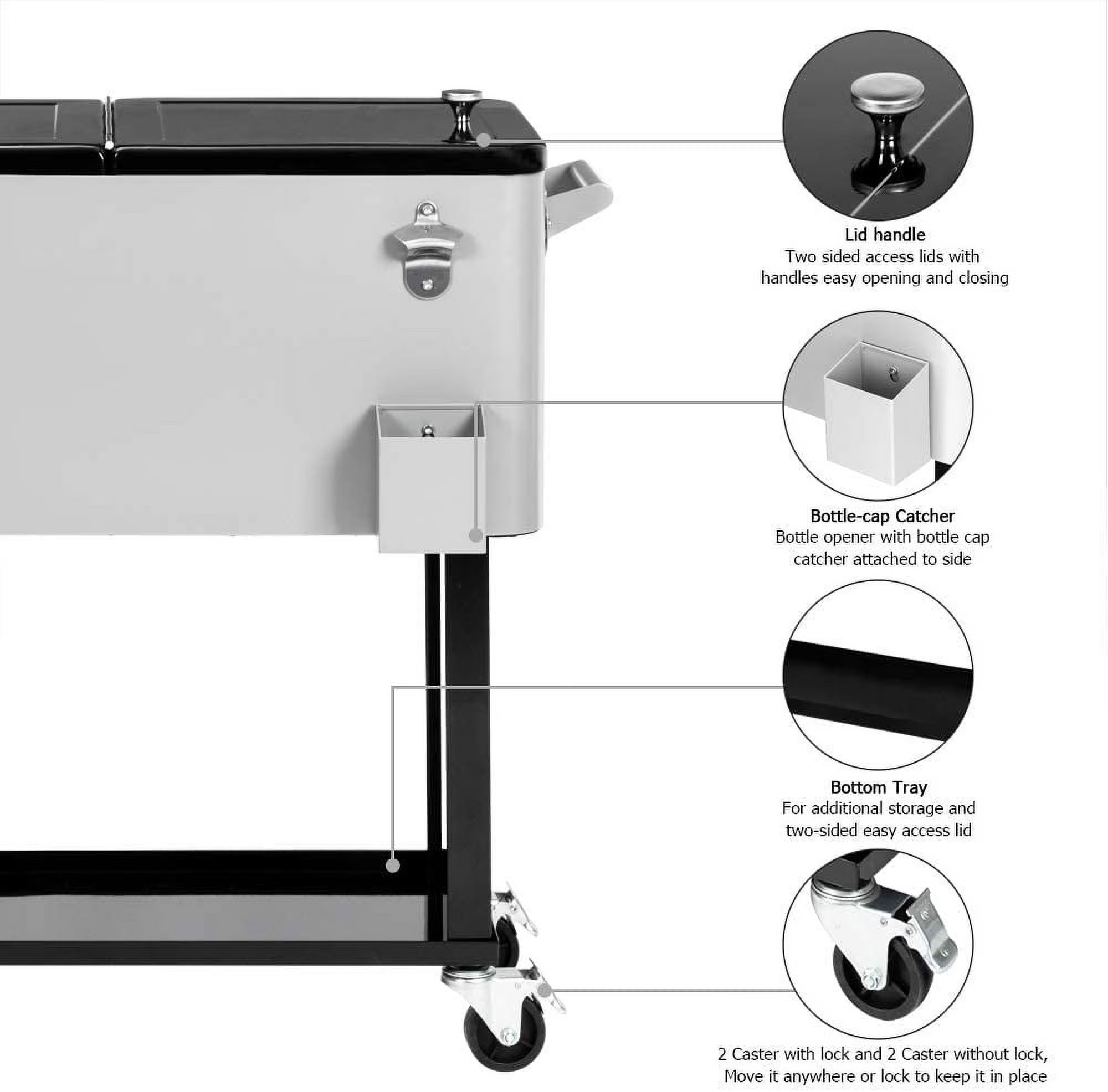 80-Quart Rolling Cooler Cart — Patio Bar with Shelf & Bottle Opener