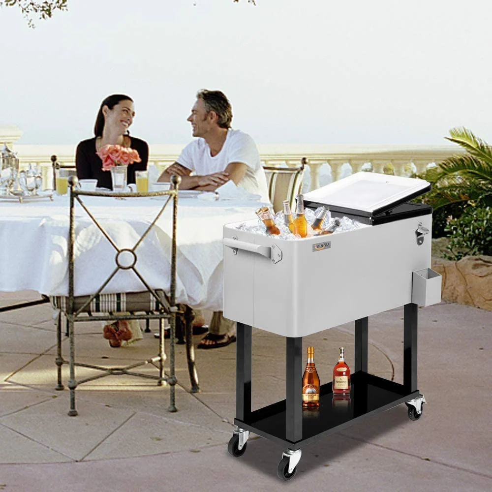 80-Quart Rolling Cooler Cart — Patio Bar with Shelf & Bottle Opener