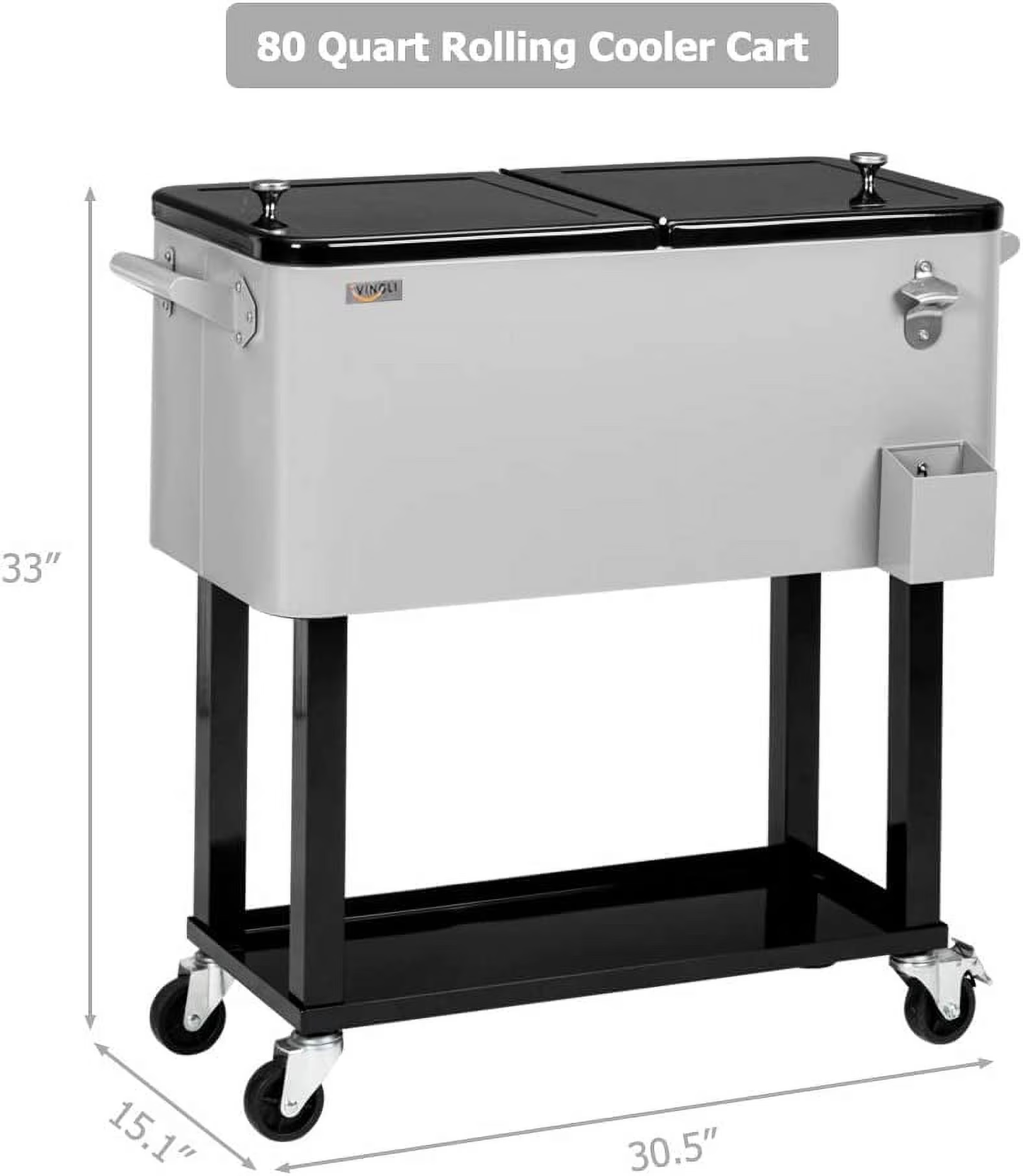 80-Quart Rolling Cooler Cart — Patio Bar with Shelf & Bottle Opener
