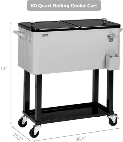 80-Quart Rolling Cooler Cart — Patio Bar with Shelf & Bottle Opener