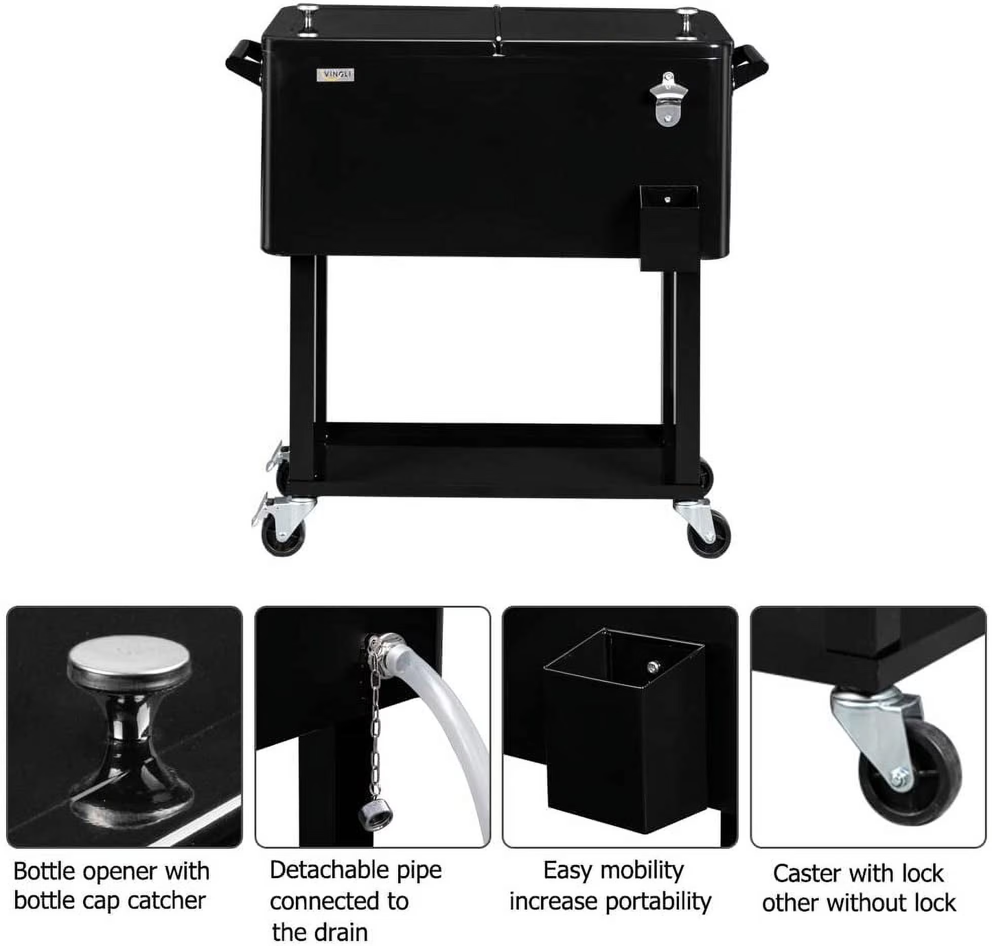 80-Quart Rolling Cooler Cart — Patio Bar with Shelf & Bottle Opener