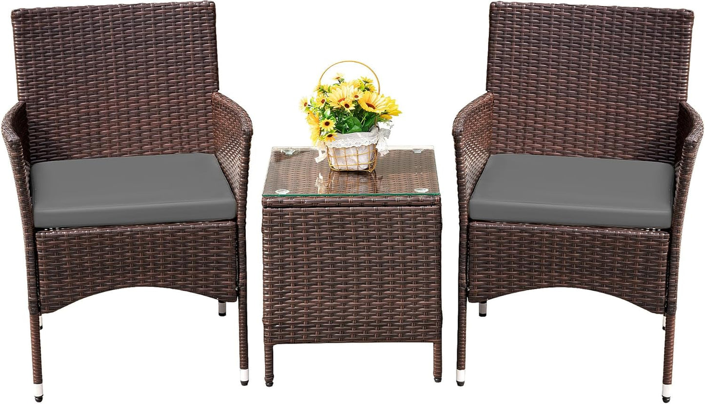 3 Pieces Patio Furniture Set, PE Rattan Wicker 3 Pcs Patio Set, Two Outdoor Chairs + Table