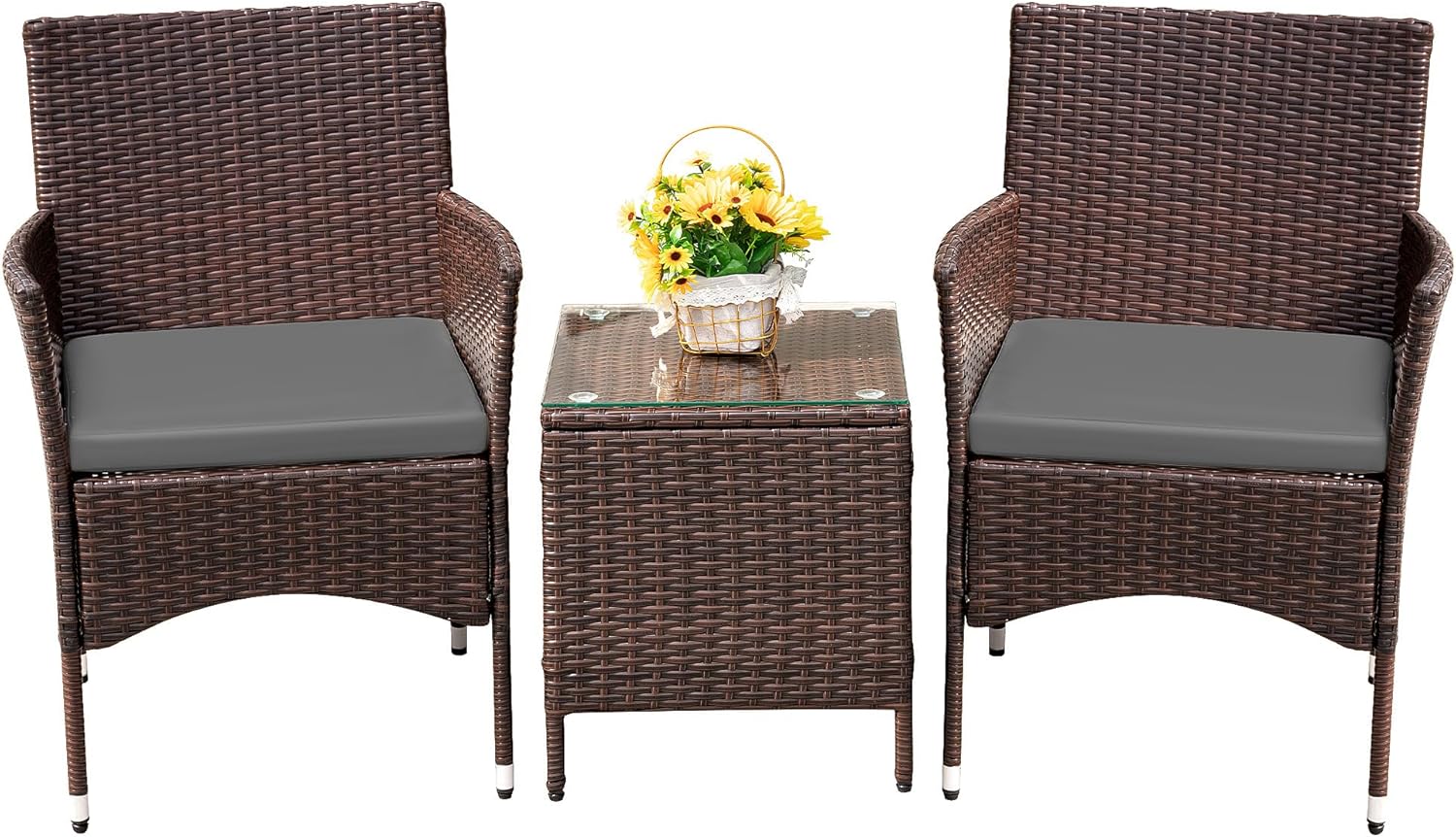 3 Pieces Patio Furniture Set, PE Rattan Wicker 3 Pcs Patio Set, Two Outdoor Chairs + Table