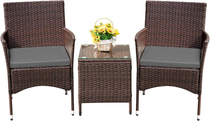 3 Pieces Patio Furniture Set, PE Rattan Wicker 3 Pcs Patio Set, Two Outdoor Chairs + Table