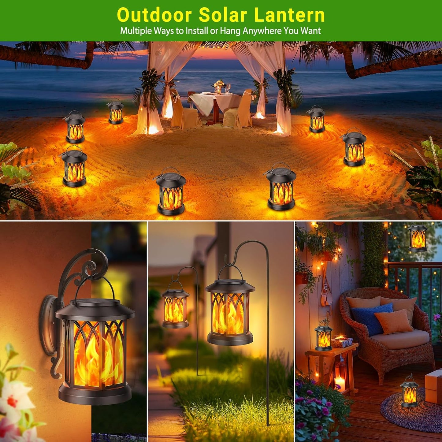 Solar Lantern Outdoor Lights, Upgraded Flickering Flame Hanging Solar Lanterns Lights Outdoor Waterproof - 4 Pack