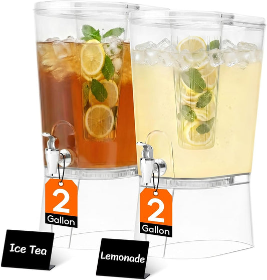 2 Gallon Drink Dispenser for Parties, BPA Free Water Pitcher with Fruit Infuser & Leak-Proof Spigot, 2 Pcs