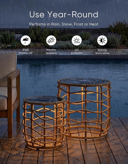 Boho Solar Outdoor Side Table with Built-In Lights Set of 2, All-Weather Wicker Nesting Tables, round Waterproof Accent End Table Design for Patio, Porch, Garden & Balcony, Natural Brown