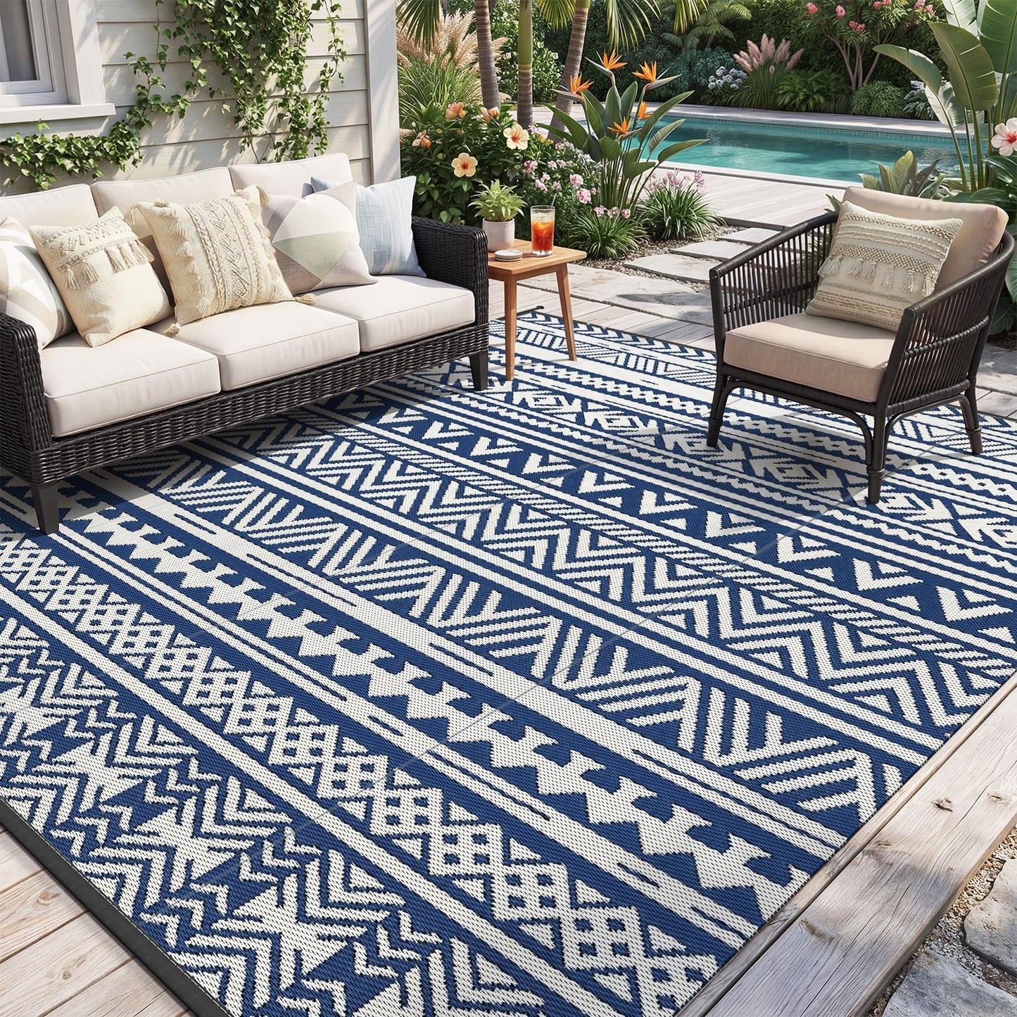 Outdoor Rug Carpet Waterproof 5X8 Outdoor Patio Rug Mat Reverisble Plastic Straw Outdoor Rug for RV Camping Picnic Beach Balcony Boho Grey