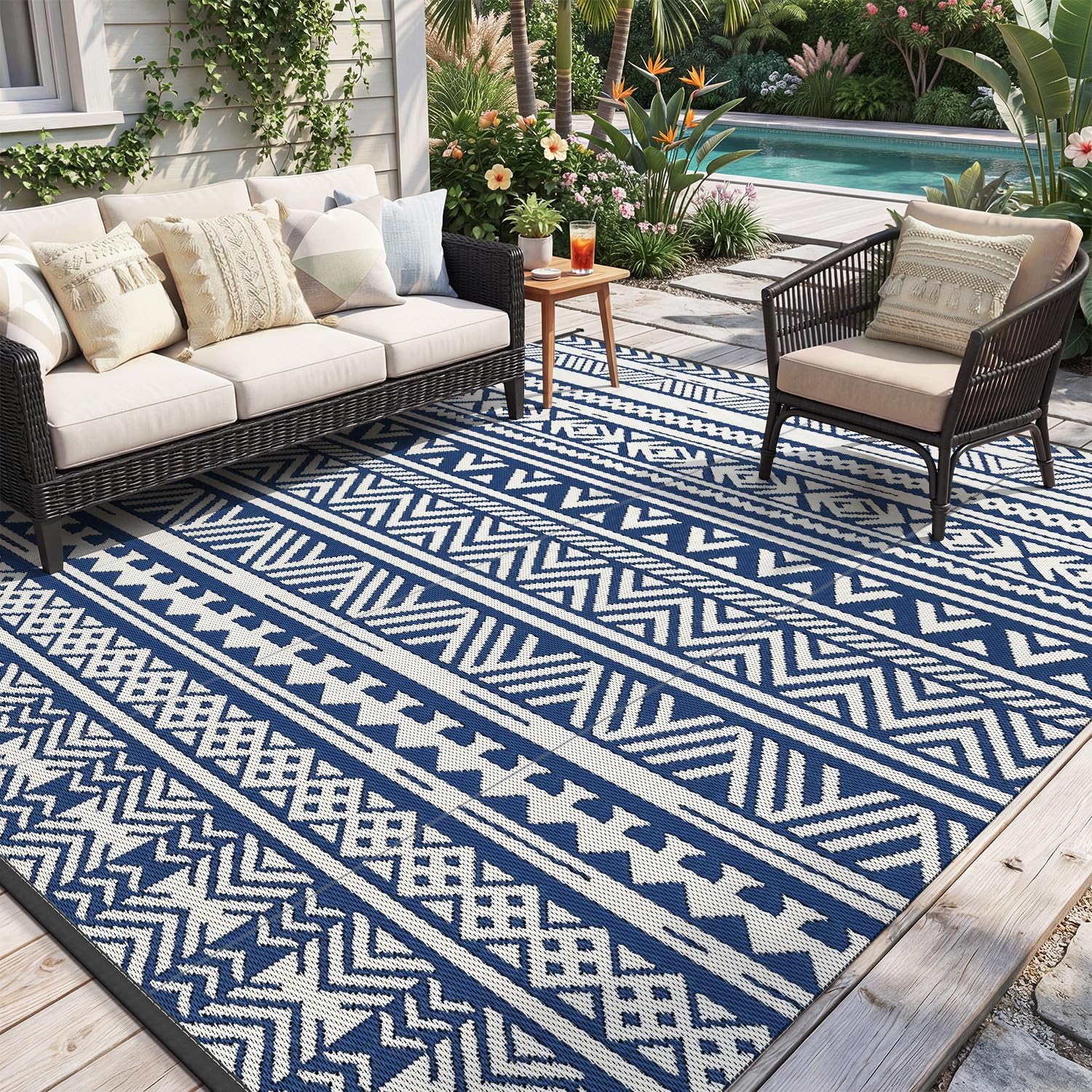 Outdoor Rug Carpet Waterproof 5X8 Outdoor Patio Rug Mat Reverisble Plastic Straw Outdoor Rug for RV Camping Picnic Beach Balcony Boho Grey