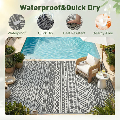 Outdoor Rug Carpet Waterproof 5X8 Outdoor Patio Rug Mat Reverisble Plastic Straw Outdoor Rug for RV Camping Picnic Beach Balcony Boho Grey