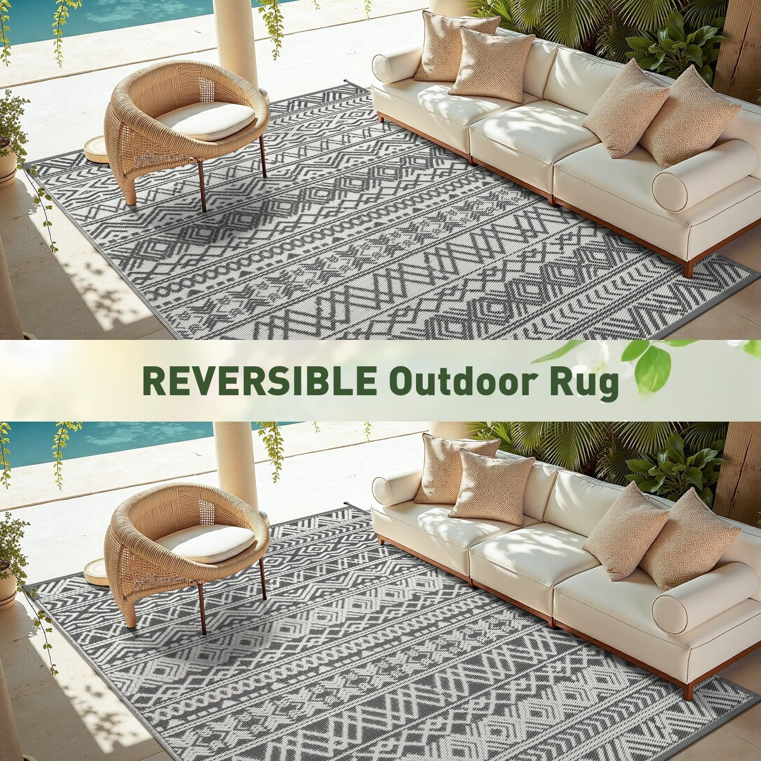 Outdoor Rug Carpet Waterproof 5X8 Outdoor Patio Rug Mat Reverisble Plastic Straw Outdoor Rug for RV Camping Picnic Beach Balcony Boho Grey
