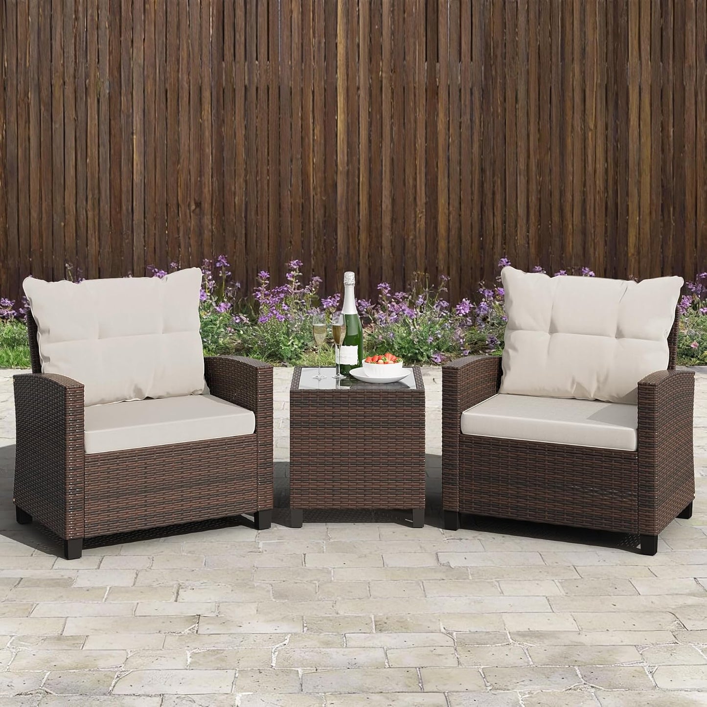 3 Pieces Patio Furniture Set, PE Rattan Wicker 3 Pcs Patio Set, Two Outdoor Chairs + Table